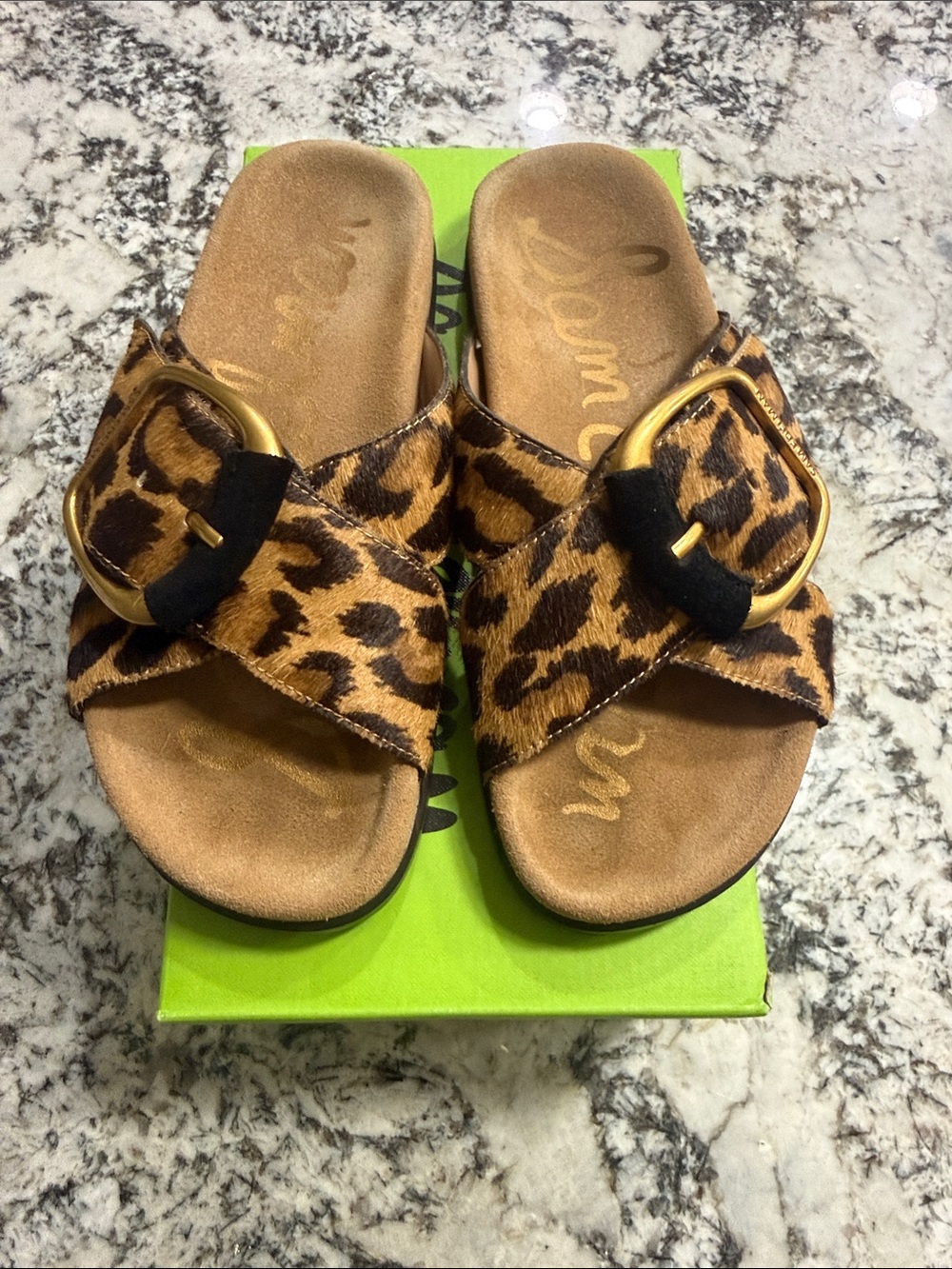 Darla 2, Tan Leopard Print Cross-Band Slide Sandals with Gold Buckle